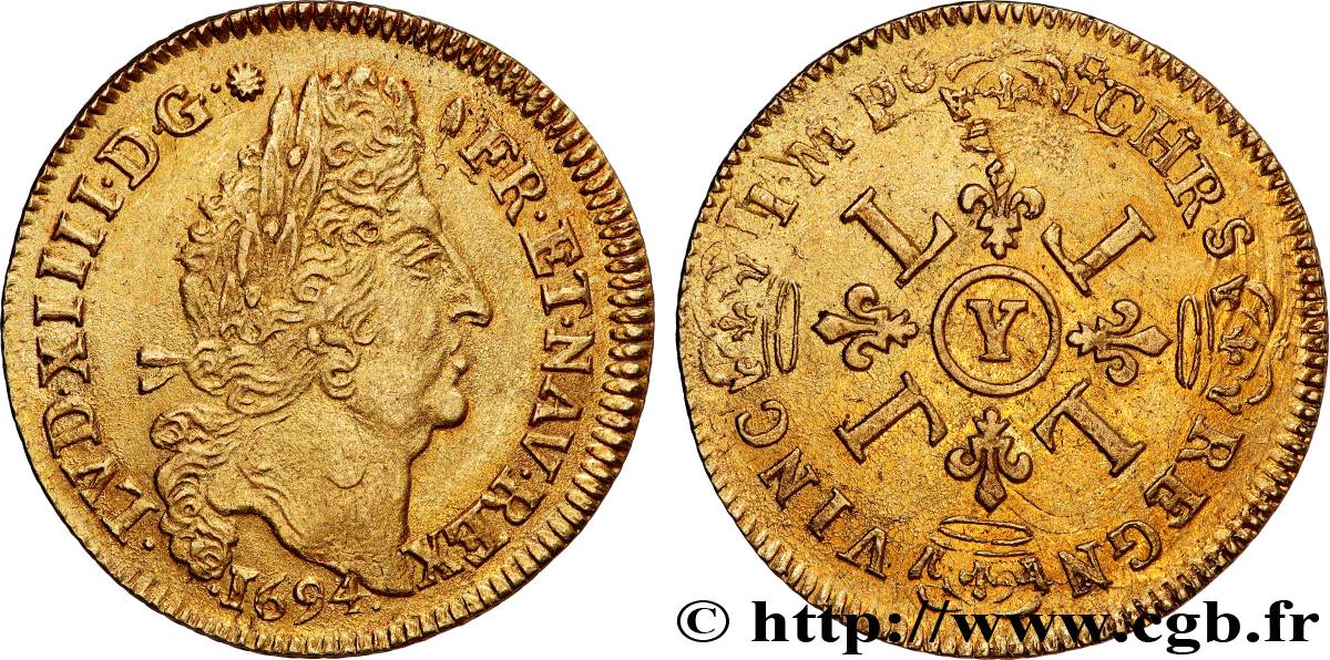 LOUIS XIV  THE SUN KING  Louis d or aux quatre L 1694 Bourges MBC+