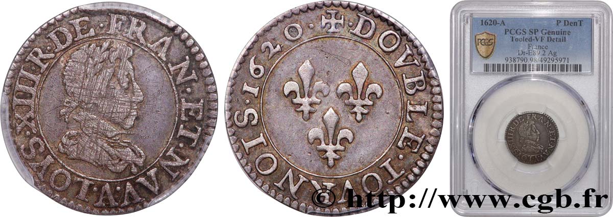 LOUIS XIII  Double tournois, argent 1620 Paris VF/XF