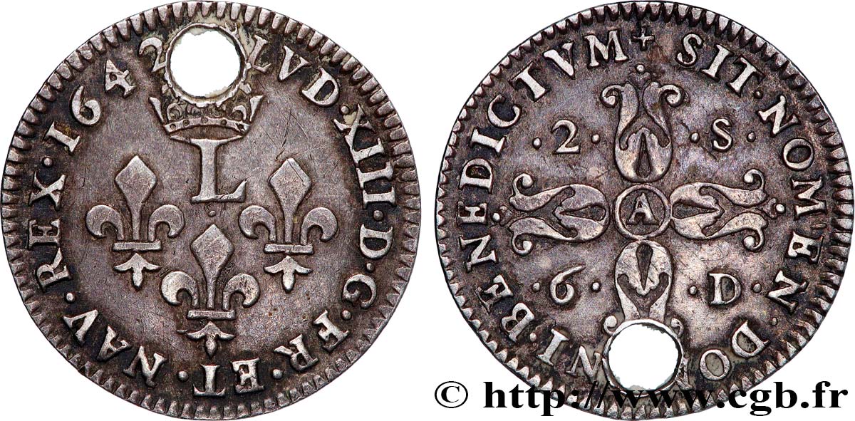 LOUIS XIII  Essai de la pièce de 30 deniers (2 sols 6 deniers) 1642 Paris, Monnaie du Louvre VF