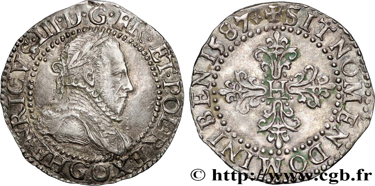 LIGUE. COINAGE AT THE NAME OF HENRY III Quart de franc au col plat (gaufré) 1587 Poitiers MBC+