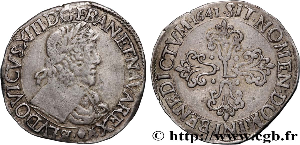 LOUIS XIII  Demi-franc buste lauré au grand col rabattu 1641 Aix-en-Provence MBC+