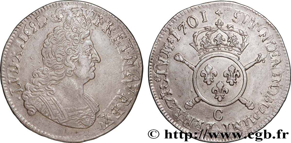 LOUIS XIV  THE SUN KING  Demi-écu aux insignes 1701 Caen q.SPL