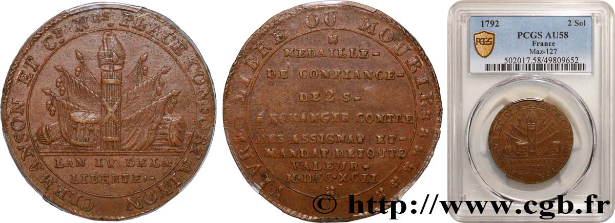 REVOLUTION COINAGE 2 sols de Clémanson au faisceau 1792 Lyon VZ58