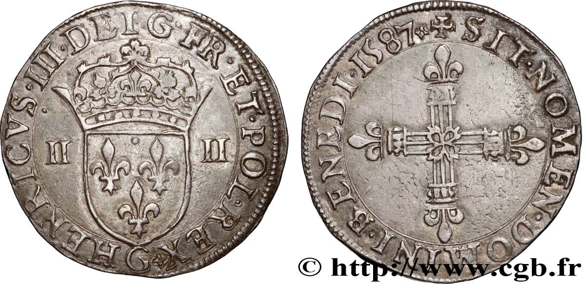 HENRY III Quart d écu, écu de face 1587 Poitiers MBC+