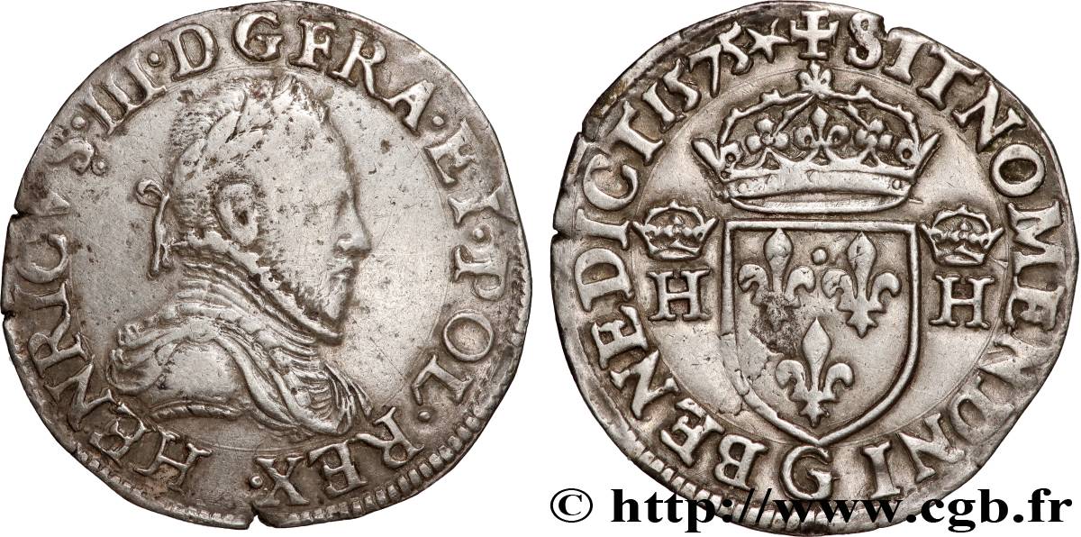 HENRY III Demi-teston, 3e type, col gaufré 1575 Poitiers AU