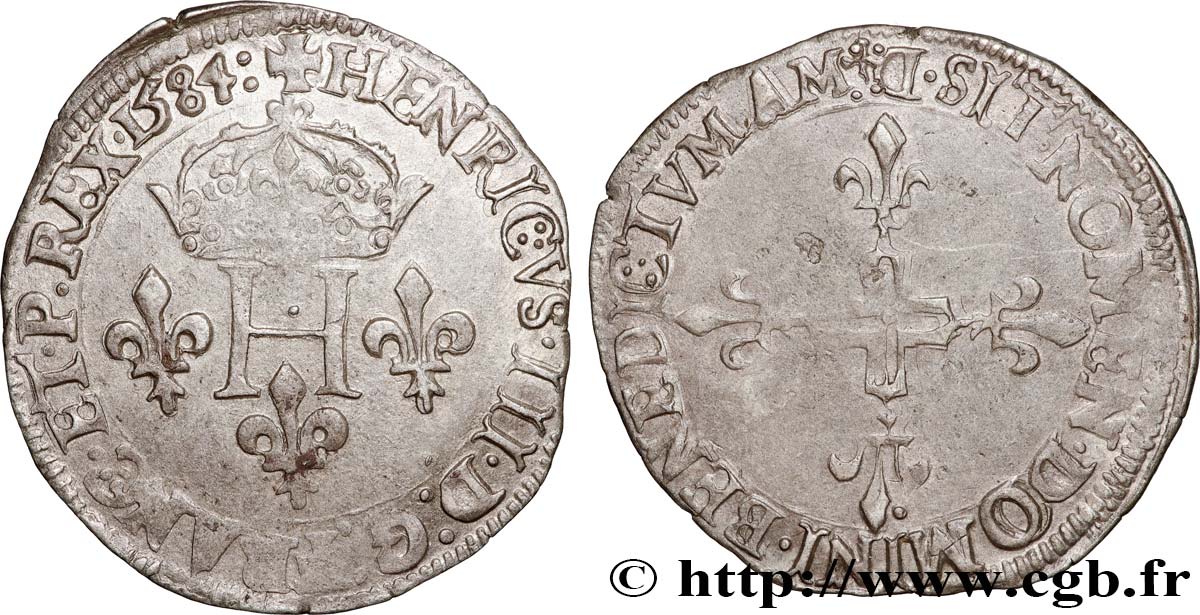 HENRI III Double sol parisis, 2e type 1584 Lyon TTB+/TTB