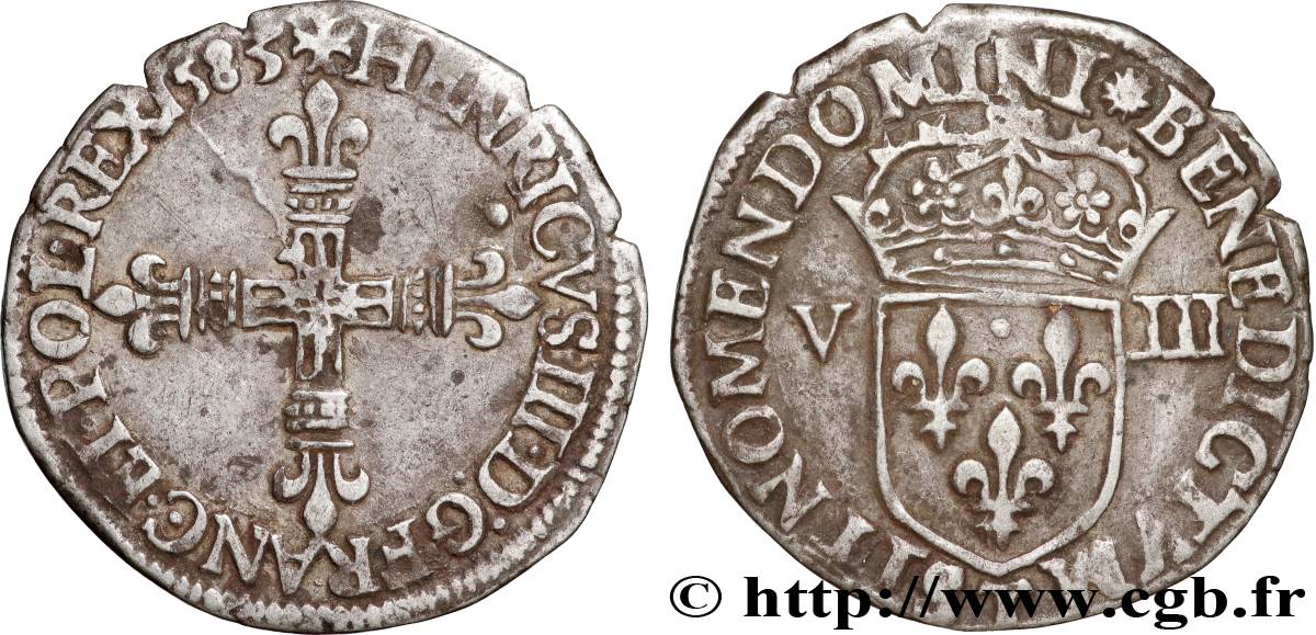 HENRI III Huitième d écu, croix de face 1583 Nantes TTB/TTB+