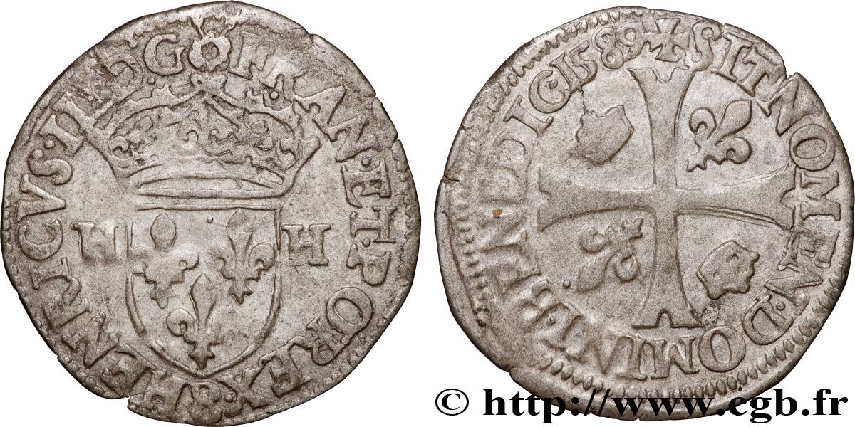 HENRI III Douzain aux deux H, 3e type 1589 Rouen TTB