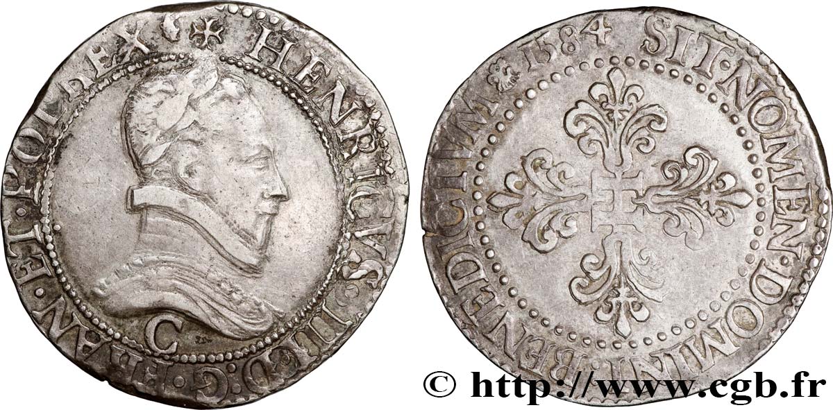 HENRI III Franc au col plat 1584 Saint-Lô SUP/TTB+