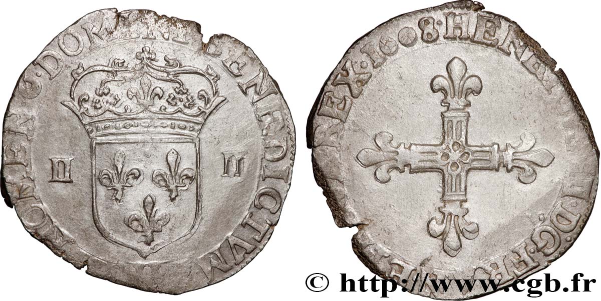 HENRI IV LE GRAND Quart d écu, croix bâtonnée et fleurdelisée de face 1608 La Rochelle TTB+