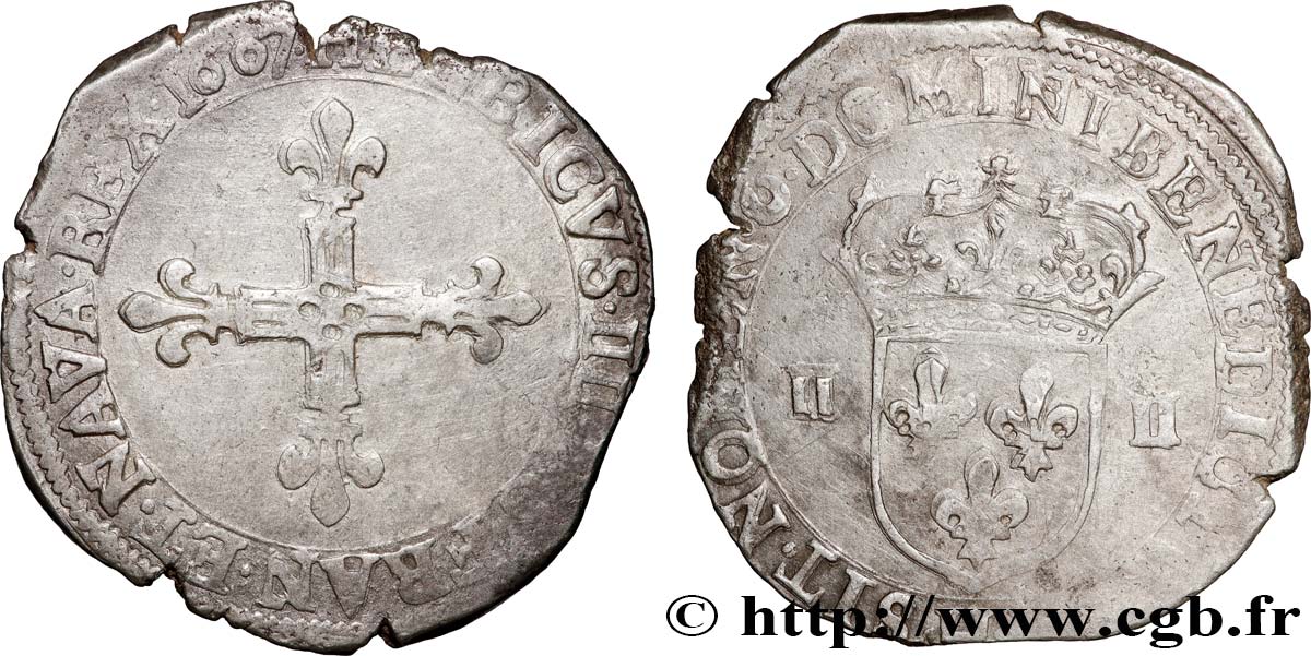 HENRI IV LE GRAND Quart d écu, croix bâtonnée et fleurdelisée de face 1607 La Rochelle TB+