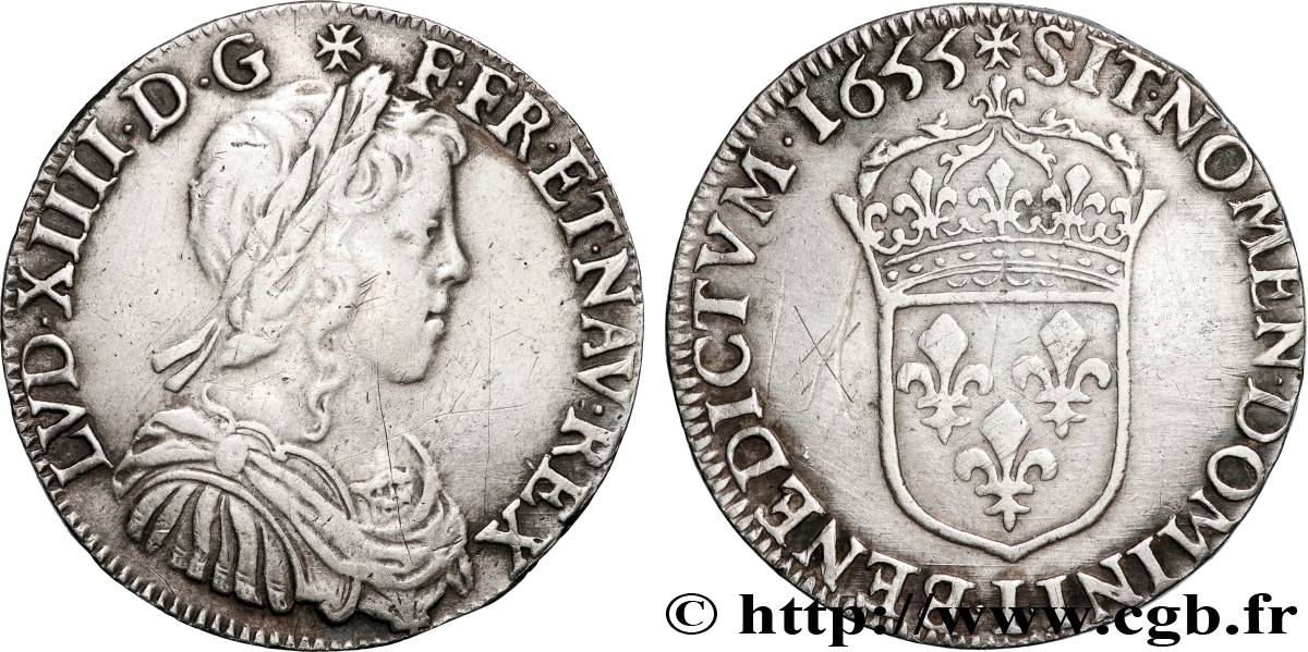 LOUIS XIV  THE SUN KING  Demi-écu, portrait à la mèche longue 1655 Limoges SS