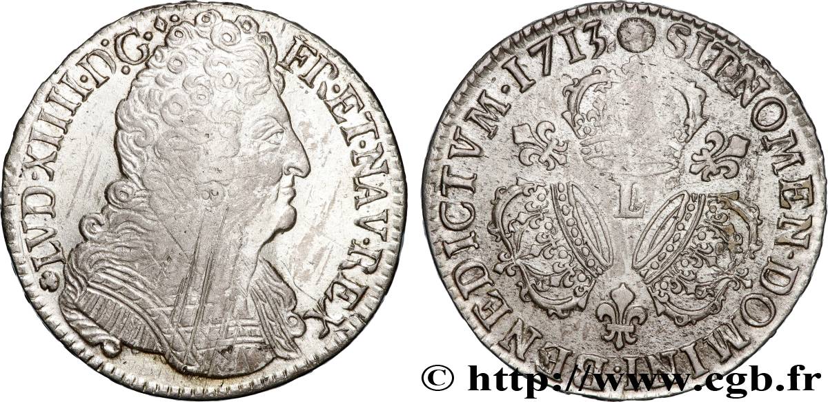 LOUIS XIV  THE SUN KING  Demi-écu aux trois couronnes 1713 Bayonne SS