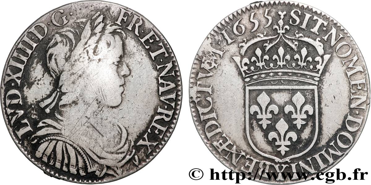 LOUIS XIV  THE SUN KING  Demi-écu, portrait à la mèche longue 1655 Bourges VF/XF