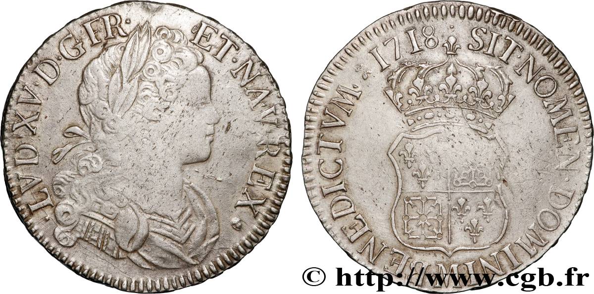 LOUIS XV THE BELOVED Écu de Navarre 1718 Toulouse VF