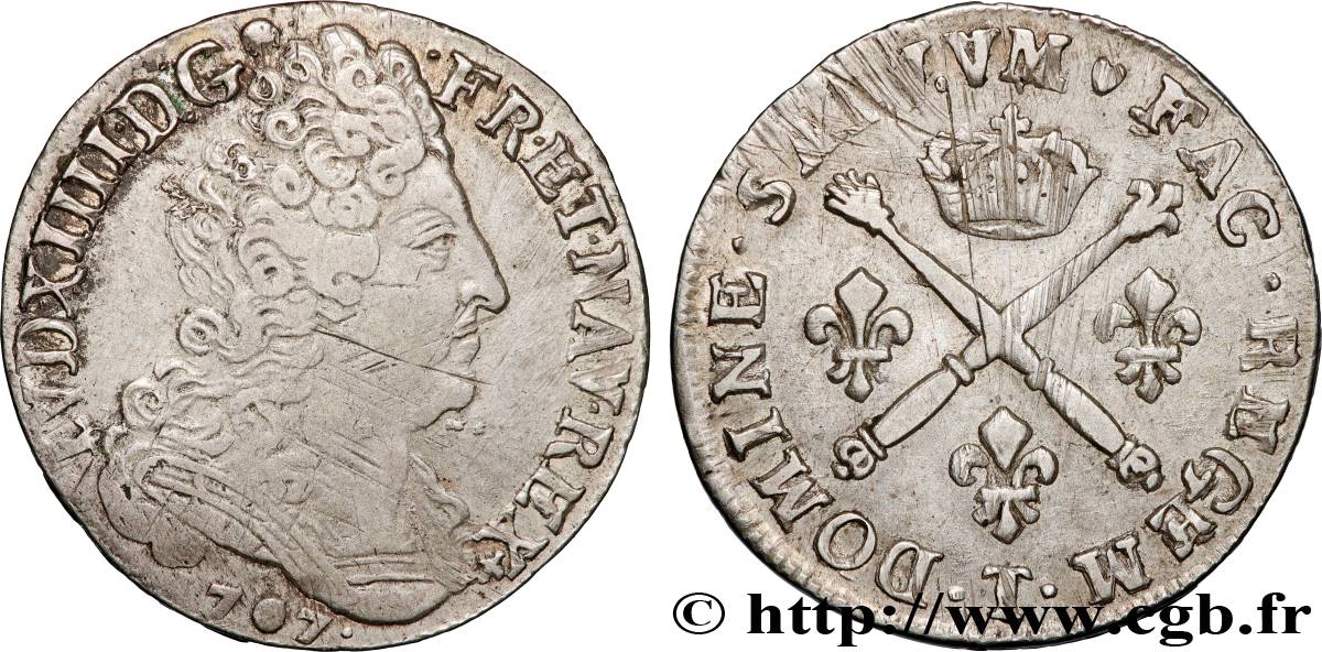 LOUIS XIV  THE SUN KING  20 sols aux insignes 1707 Nantes BC+/MBC