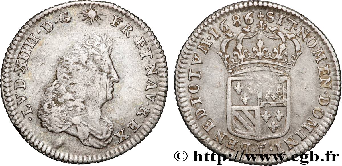 LOUIS XIV LE GRAND OU LE ROI SOLEIL Huitième d écu de Flandre 1686 Lille TB+/TTB