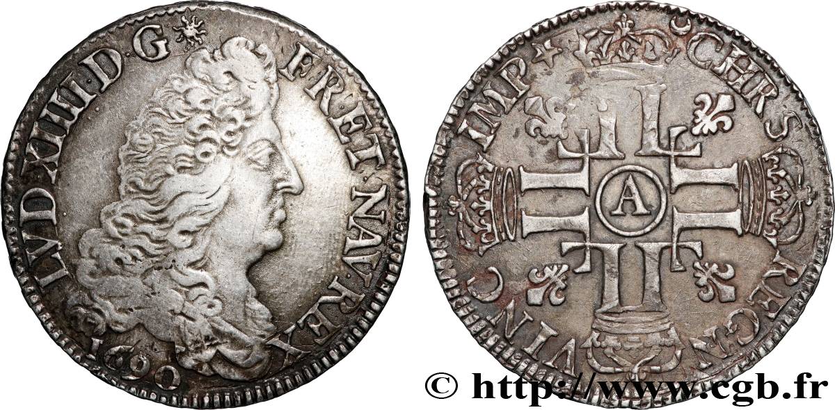 LOUIS XIV LE GRAND OU LE ROI SOLEIL Demi-écu aux huit L, 1er type 1690 Paris TTB/TTB+