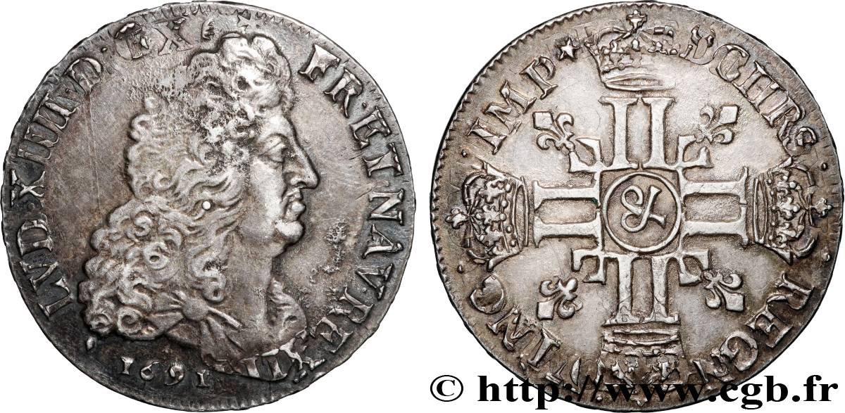 LOUIS XIV  THE SUN KING  Demi-écu aux huit L, 1er type 1691 Aix-en-Provence AU