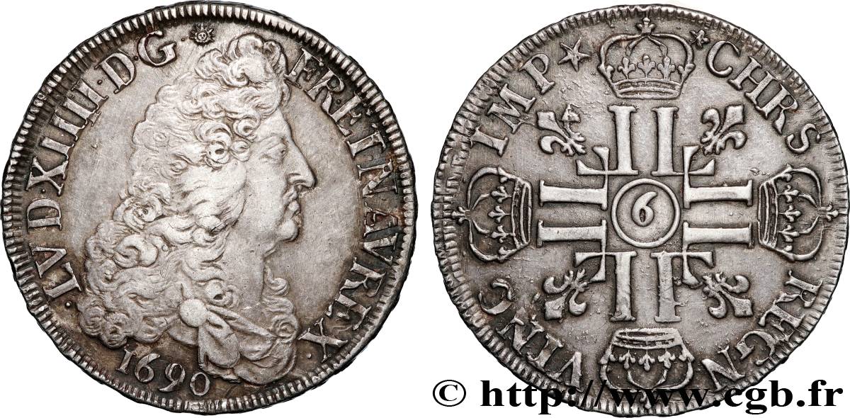 LOUIS XIV LE GRAND OU LE ROI SOLEIL Écu aux huit L, 1er type 1690 Rennes TTB+