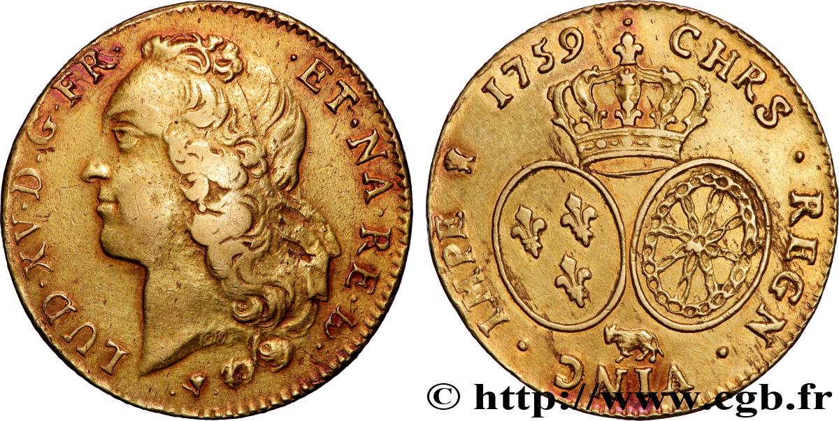 LOUIS XV DIT LE BIEN AIMÉ Double louis d’or aux écus ovales, tête ceinte d’un bandeau 1759 Pau TTB/TTB+