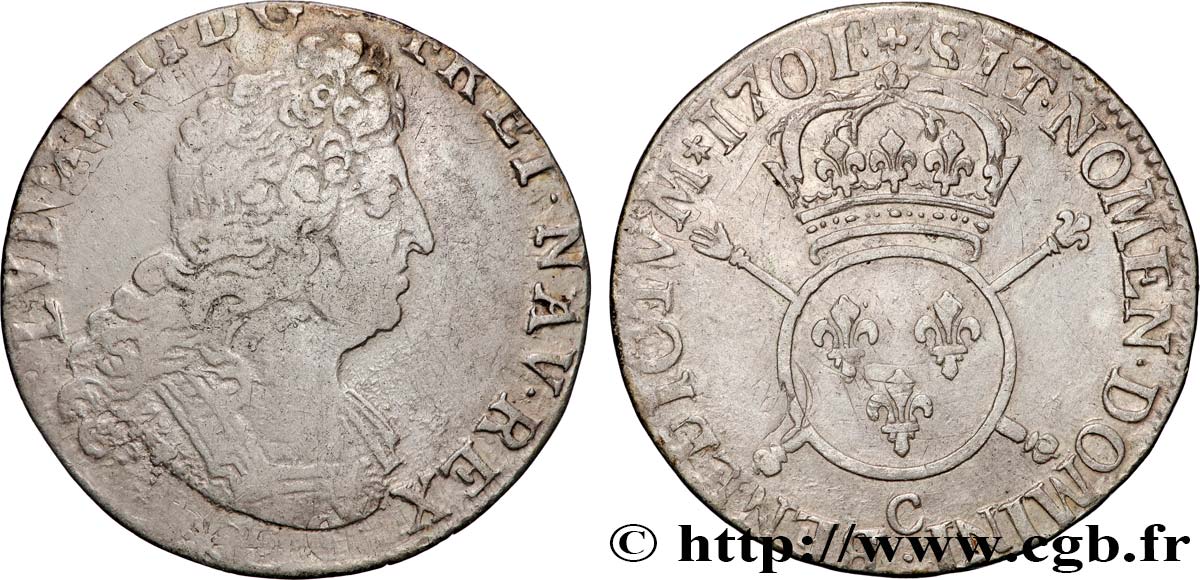 LOUIS XIV LE GRAND OU LE ROI SOLEIL Quart d écu aux insignes 1701 Caen TB+/TTB