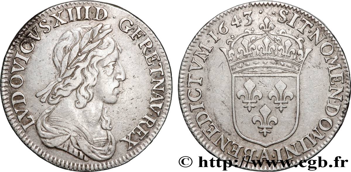 LOUIS XIII  Quart d écu, buste drapé et cuirassé (2e buste de Jean Warin) 1643 Paris BB/q.SPL