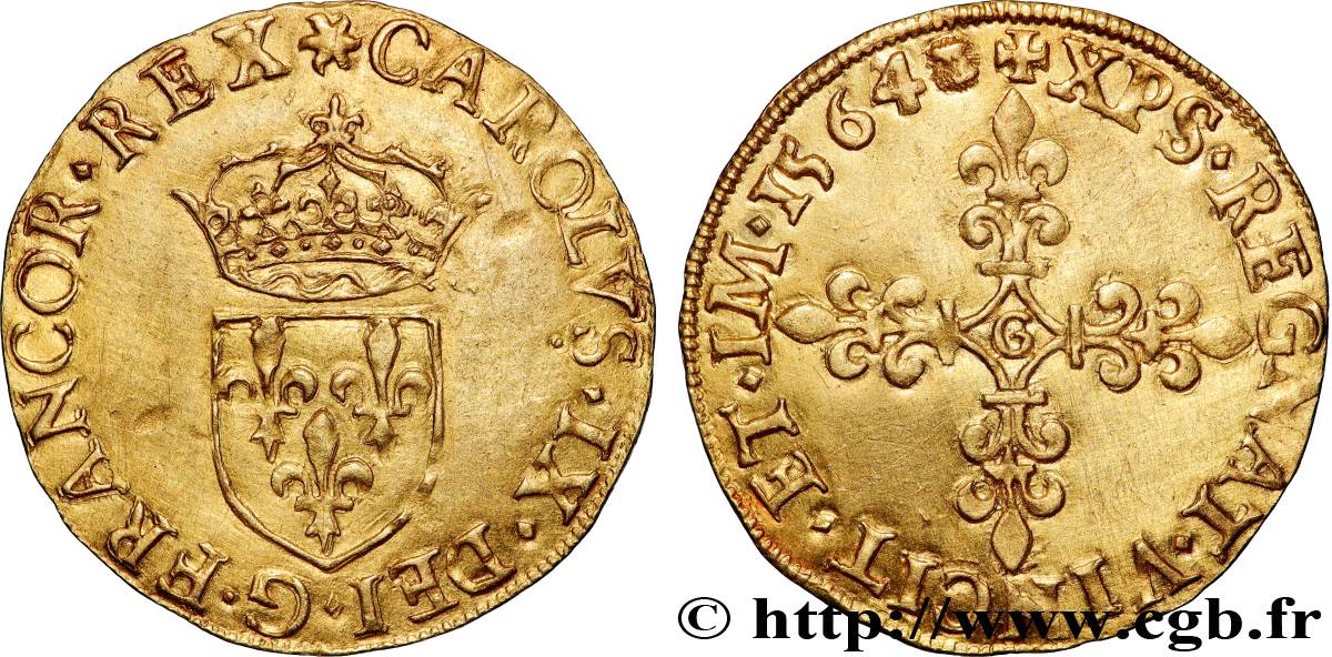 CHARLES IX Écu d or au soleil, 1er type 1564 Poitiers TTB+