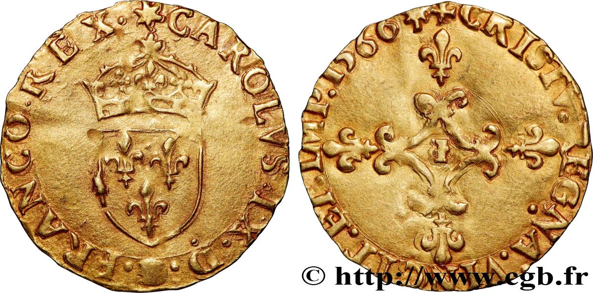 CHARLES IX Écu d or au soleil, 1er type 1566 Limoges MBC+