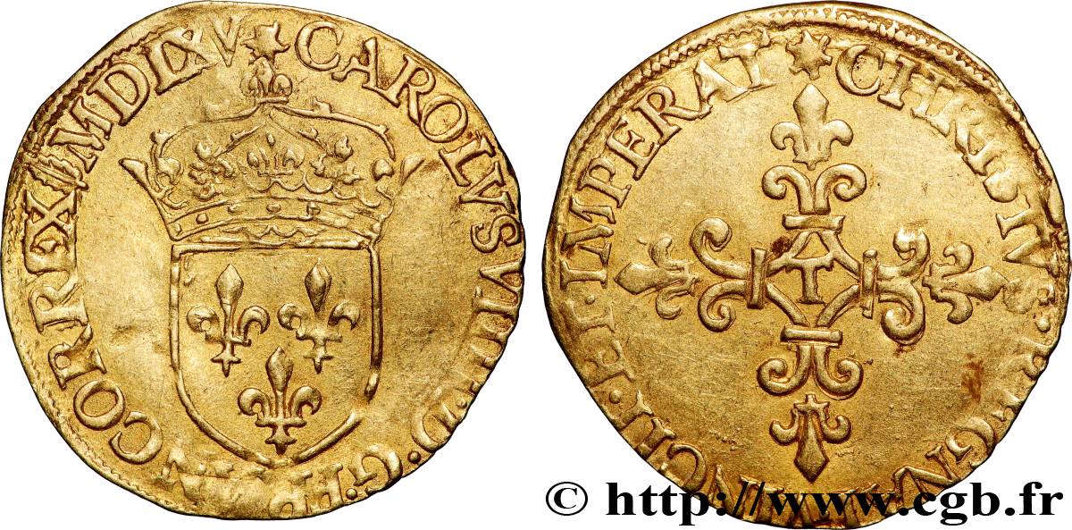 CHARLES IX Écu d or au soleil, 1er type 1565 (MDLXV) Nantes TTB+