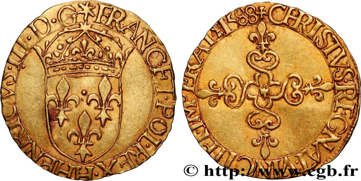 HENRY III Écu d or au soleil, 3e type 1588 La Rochelle MBC+/EBC