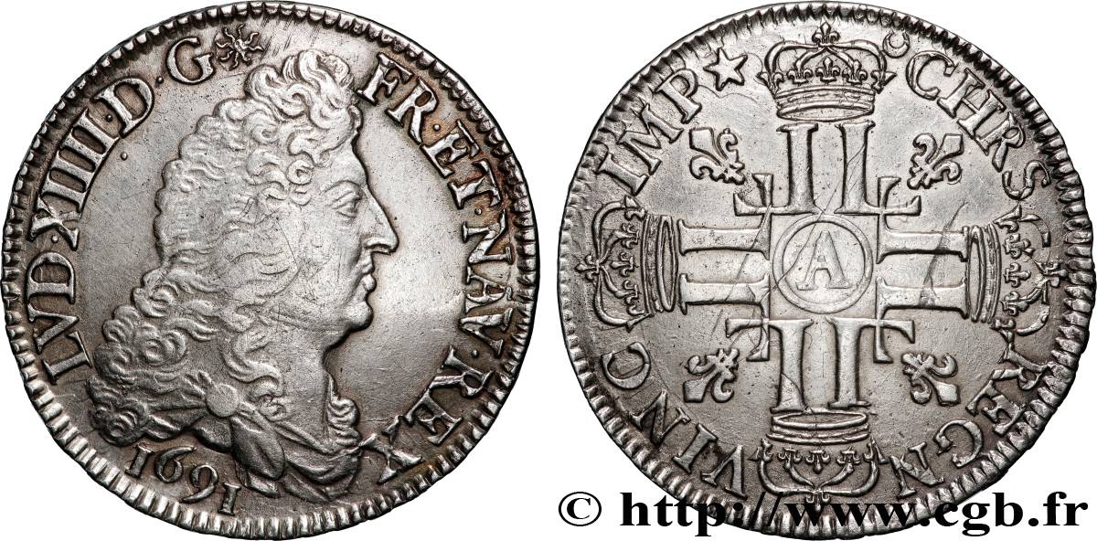 LOUIS XIV  THE SUN KING  Demi-écu aux huit L, 1er type 1691 Paris BB