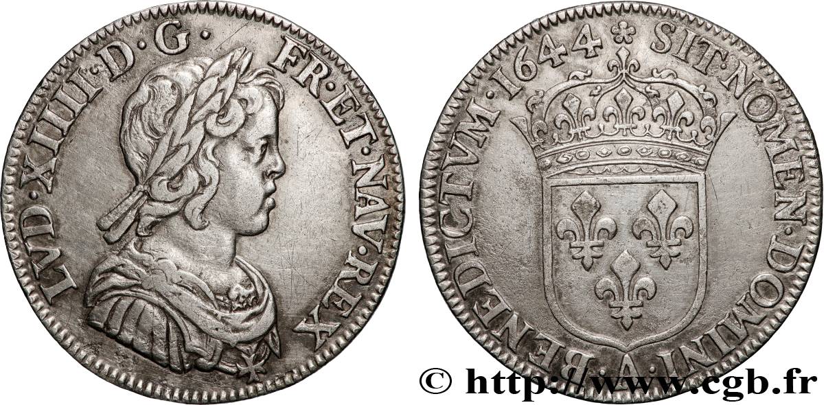 LOUIS XIV  THE SUN KING  Quart d écu, portrait à la mèche courte 1644 Paris, Monnaie de Matignon XF