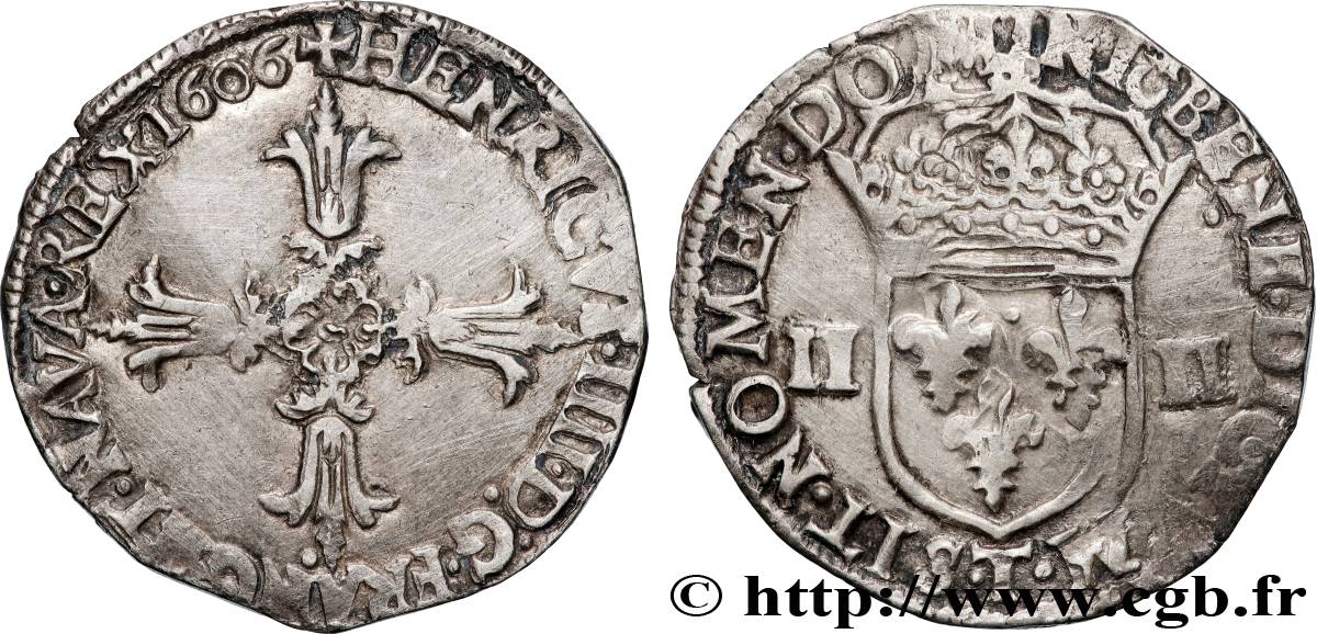 HENRY IV Quart d écu, croix feuillue de face 1606 Nantes XF