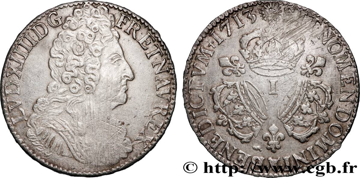 LOUIS XIV LE GRAND OU LE ROI SOLEIL Écu aux trois couronnes 1713 Limoges TTB