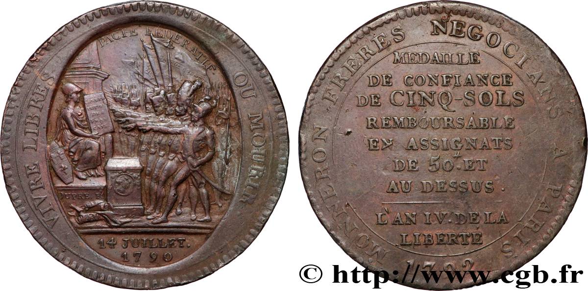 REVOLUTION COINAGE Monneron de 5 sols au serment (An IV), 3e type 1792 Birmingham, Soho XF