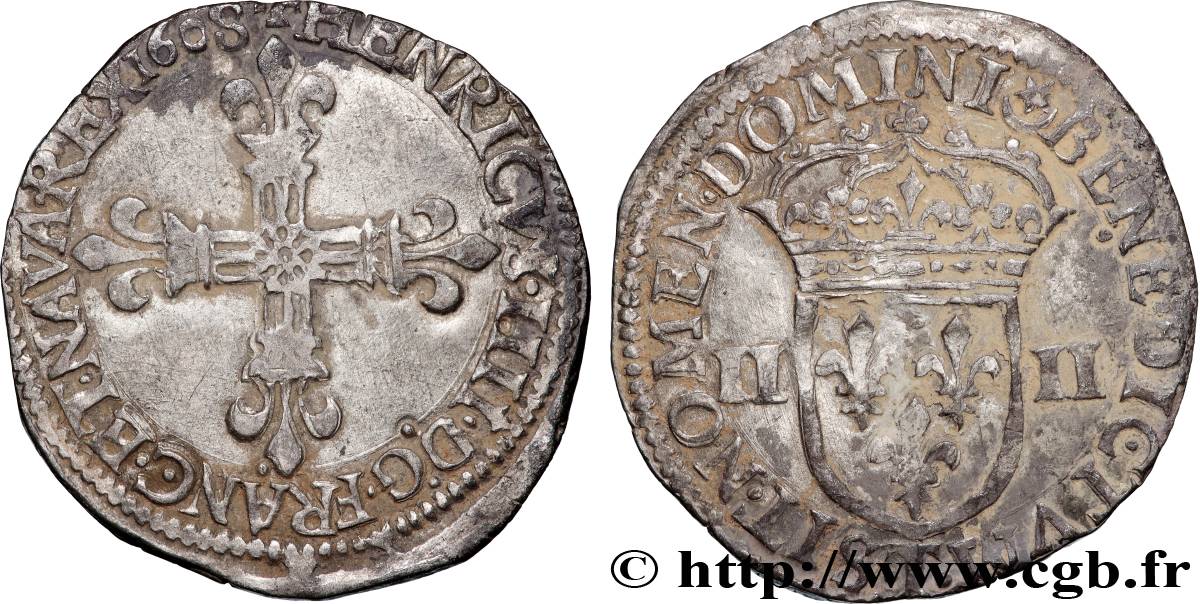 HENRY IV Quart d écu, croix bâtonnée et fleurdelisée de face 1608 Nantes XF