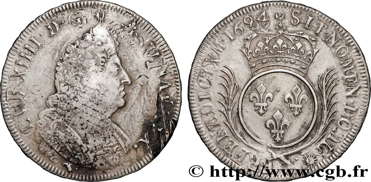 LOUIS XIV  THE SUN KING  Écu aux palmes 1694 Lyon SS/fVZ