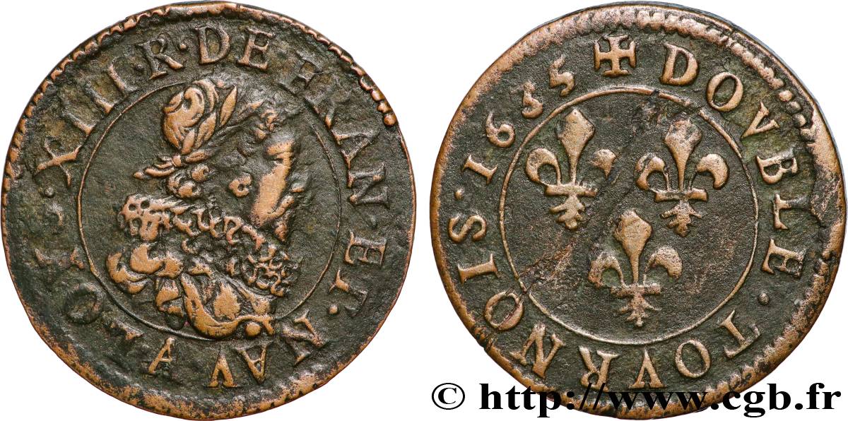 LOUIS XIII LE JUSTE Double tournois, 2e type 1635 Stenay TTB+