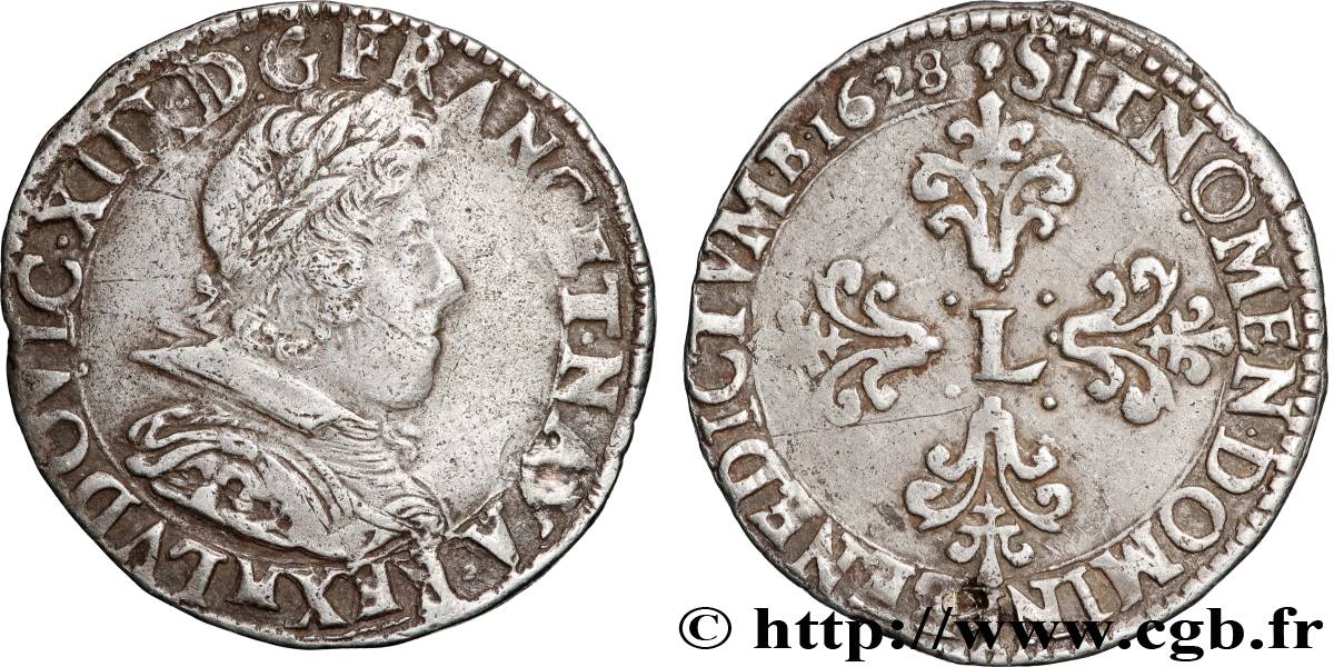 LOUIS XIII  Demi-franc au buste juvénile lauré au petit col plat 1628 Toulouse XF