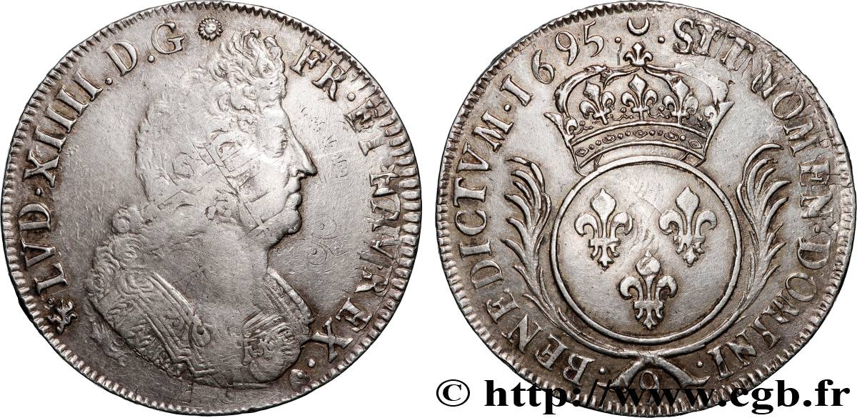 LOUIS XIV LE GRAND OU LE ROI SOLEIL Écu aux palmes 1695 Rennes TTB/TTB+