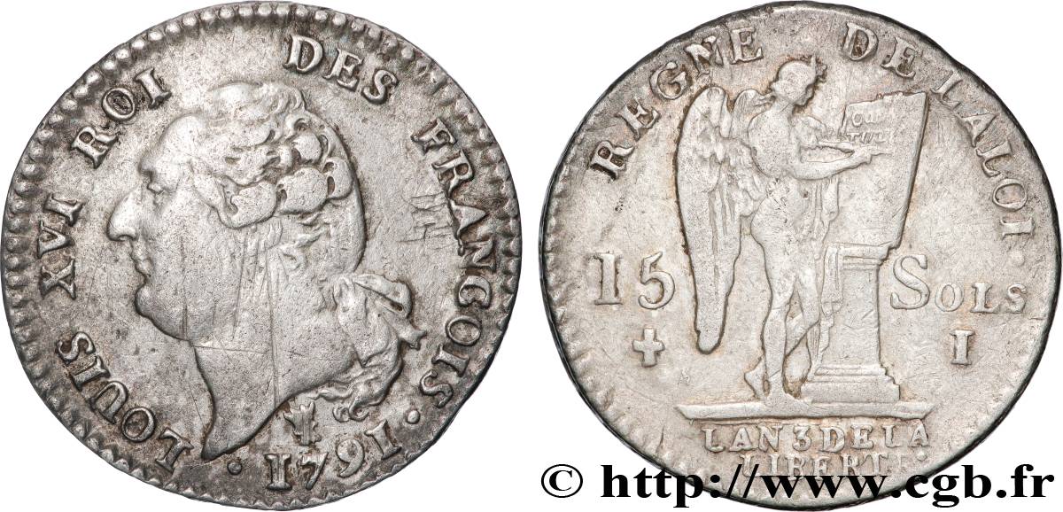 LOUIS XVI (MONARQUE CONSTITUTIONNEL)  15 sols dit  au génie , type FRANCOIS 1791 Limoges TB+