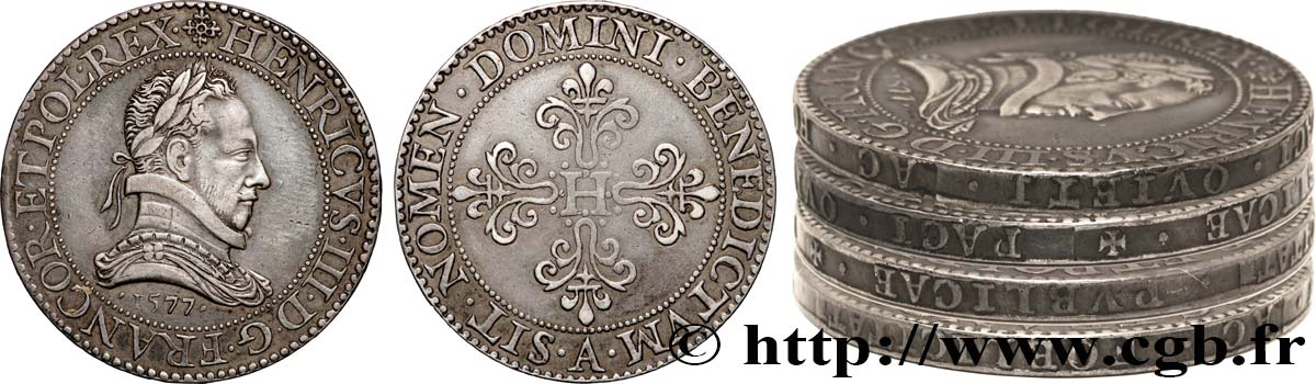 HENRY III Piéfort de poids double du franc 1577 Paris EBC