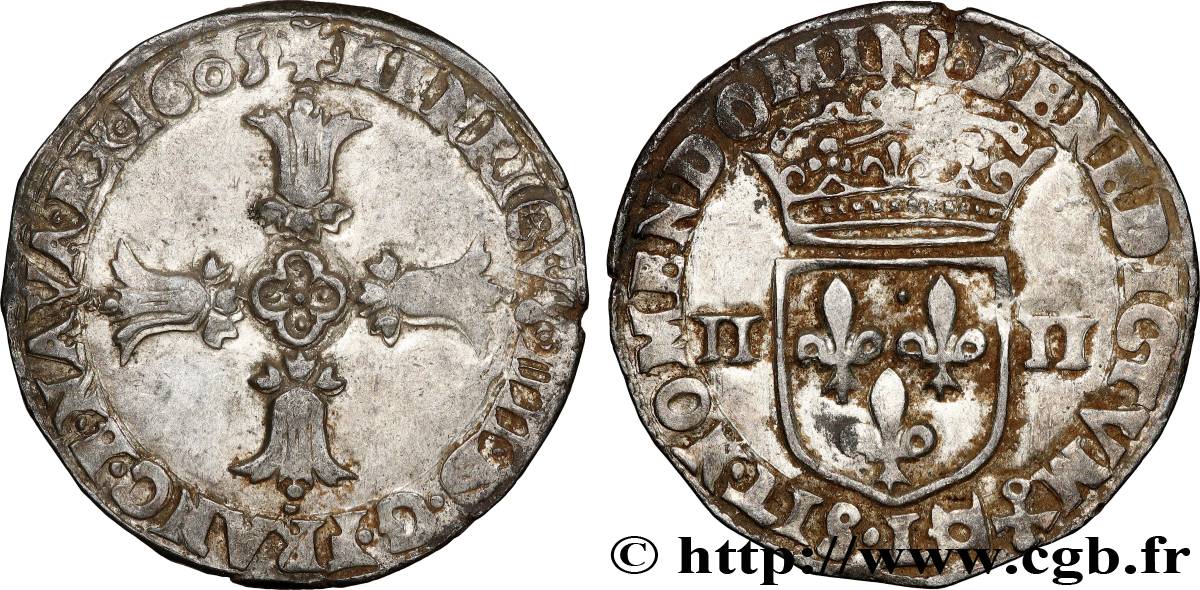 HENRY IV Quart d écu, croix feuillue de face 1605 Bayonne VF/XF