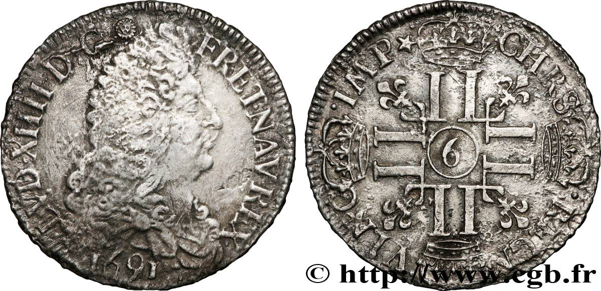 LOUIS XIV  THE SUN KING  Demi-écu aux huit L, 1er type 1691 Rennes VF