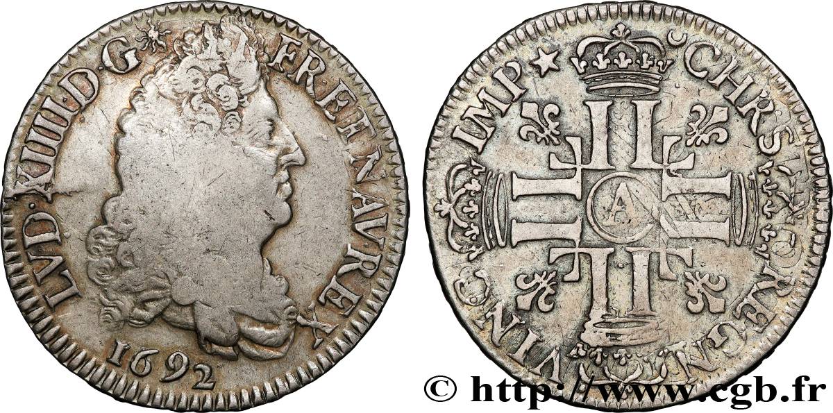 LOUIS XIV  THE SUN KING  Demi-écu aux huit L, 1er type 1692 Paris VF