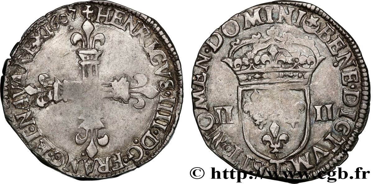 HENRY IV Quart d écu, croix feuillue de face 1607 Nantes VF