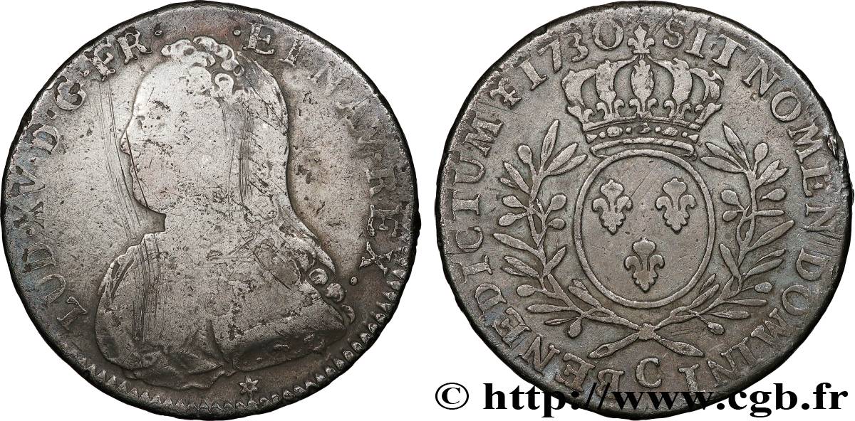 LOUIS XV  THE WELL-BELOVED  Demi-écu aux branches d olivier, buste habillé 1730 Caen VF