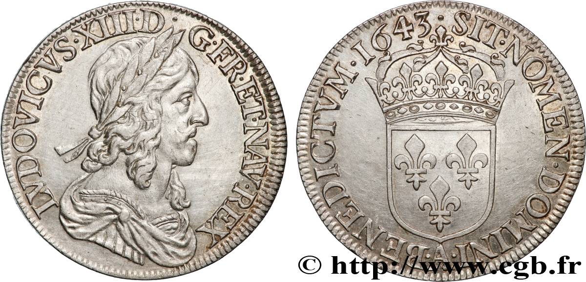 LOUIS XIII LE JUSTE Demi-écu, buste drapé et cuirassé (2e buste de Jean Warin) 1643 Paris, Monnaie du Louvre SUP