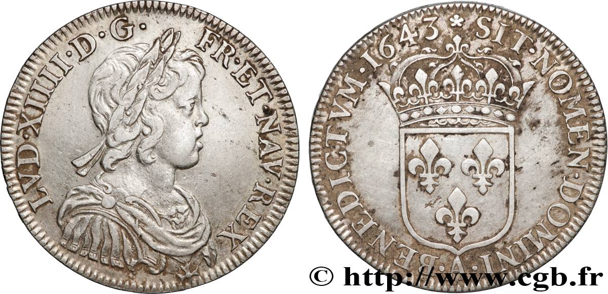 LOUIS XIV  THE SUN KING  Demi-écu, portrait à la mèche courte 1643 Paris, Monnaie de Matignon AU